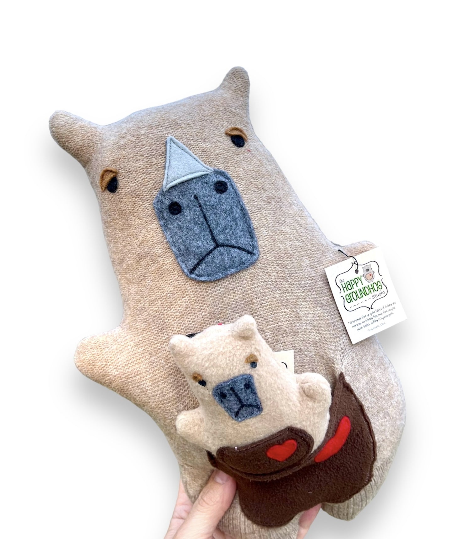 Capybara Stuffed animal with a baby capybara in its front pocket. Handmade stuffed animal from recycled sweaters