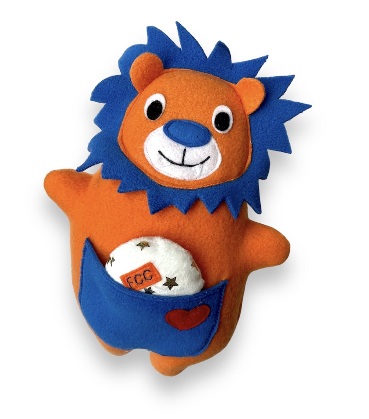 Orange and Blue Lion with a small ball in pocket all handmade