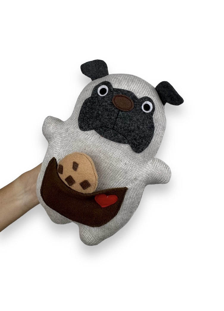  Pug stuffed animal, handmade from up cycled fabrics. pocket on belly with a felt cookie inside