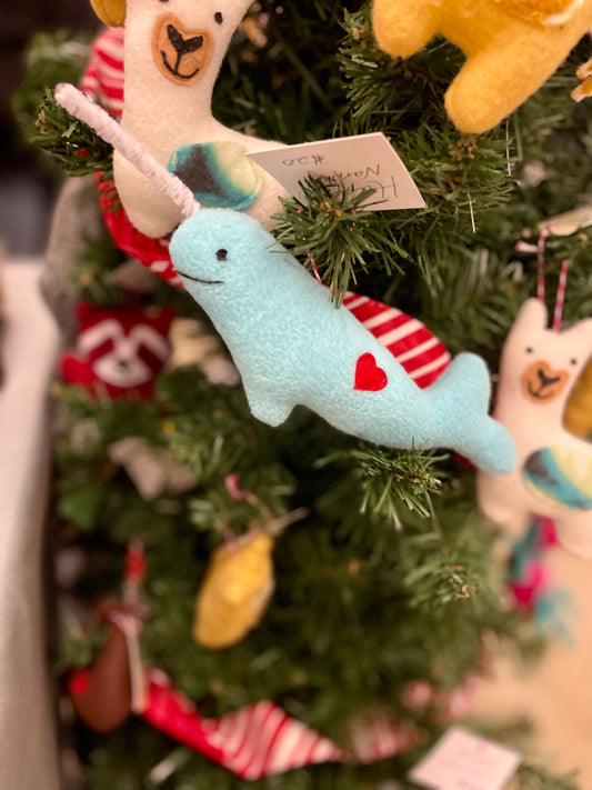 Narwhal ornament handmade from recycled materials