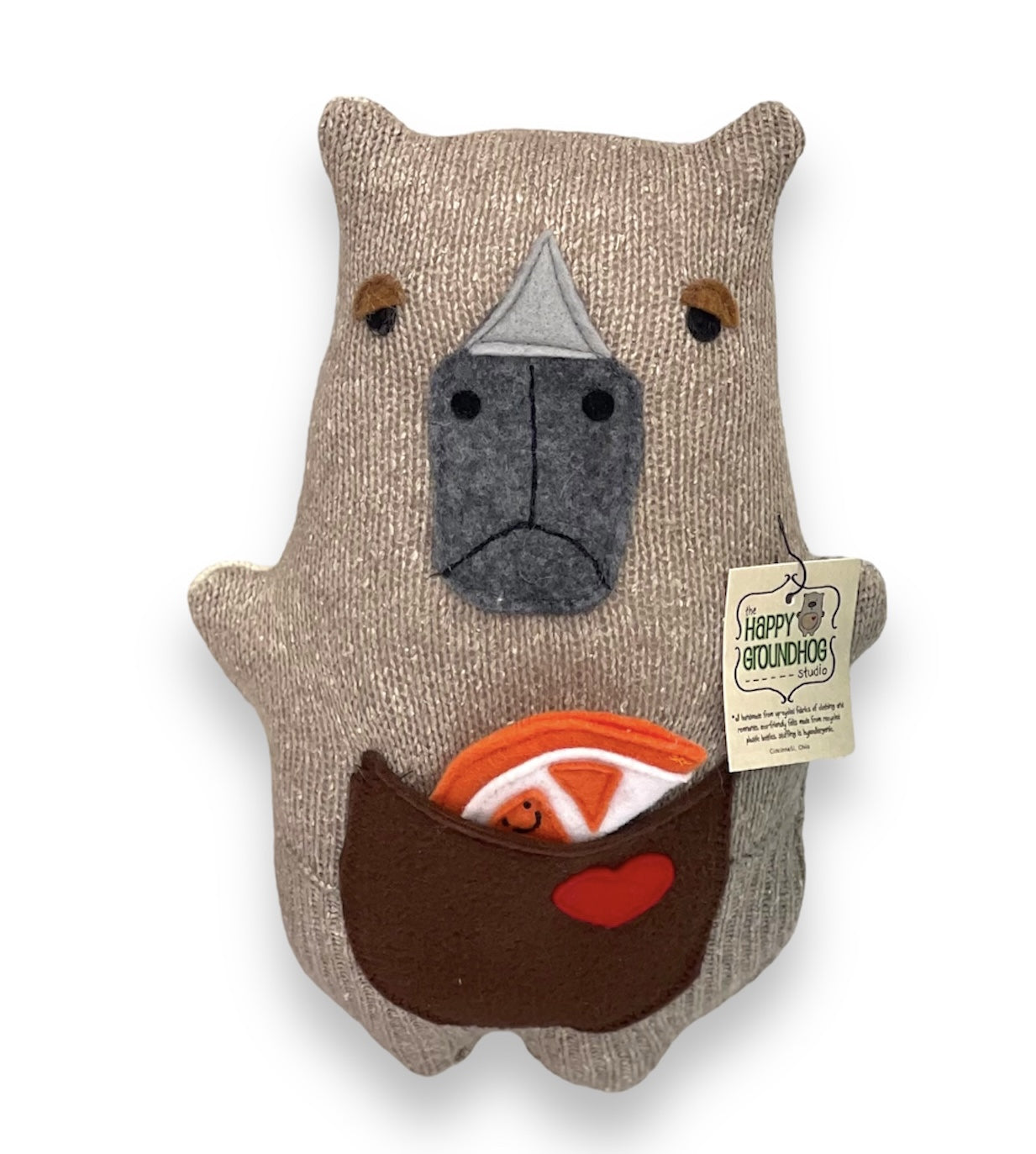 Capybara Stuffed animal with a felt orange slice in its front pocket. Handmade stuffed animal from recycled sweaters