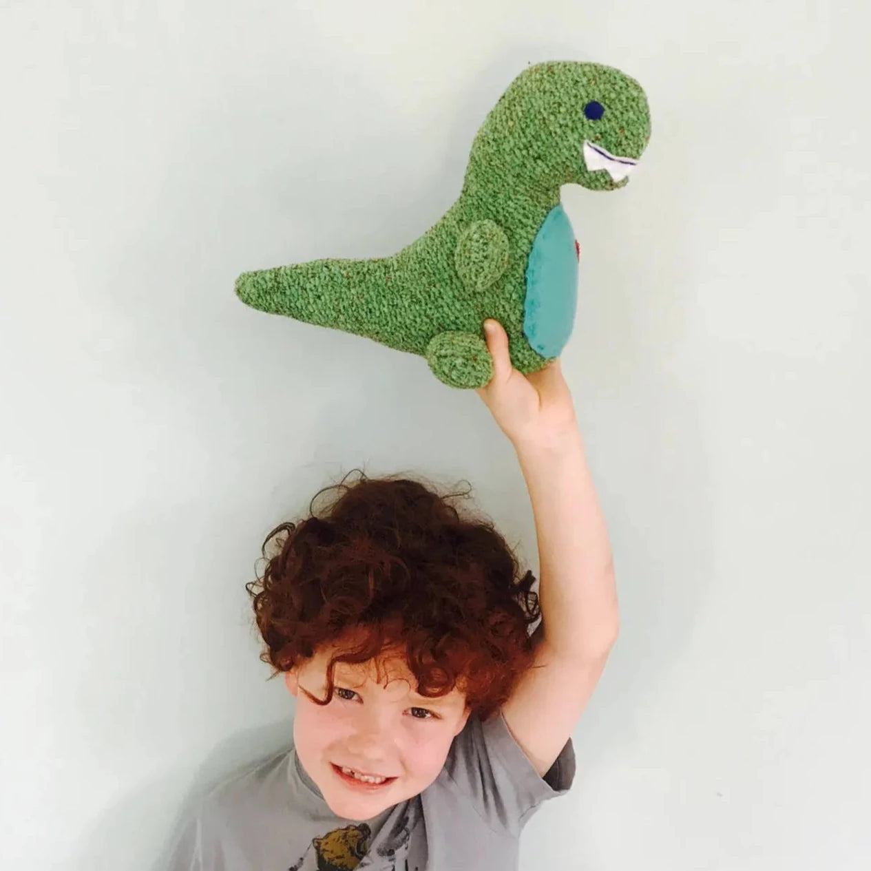 little boy holding a handmade tree stuffed animal in the air